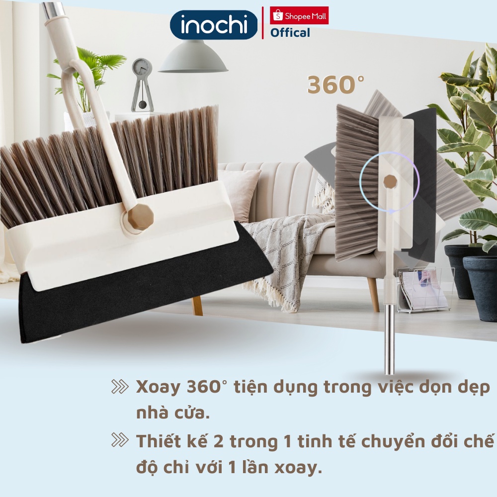 Chổi nhựa quét nhà thông minh Inochi cán inox xoay 180 độ 2in1 kèm hót rác cán dài gấp gọn tiện dụng