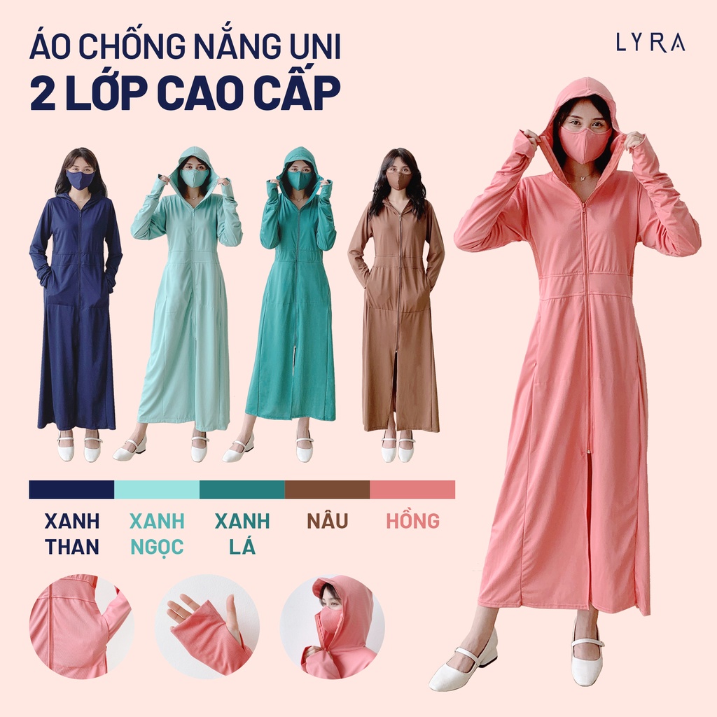 Áo khoác chống nắng nữ dáng dài 2 LỚP LYRA vải Nhật thấm hút mồ hôi chống tia UV cao cấp, kèm khẩu trang - VSYAK0066