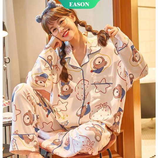 Bộ Đồ Ngủ Hai Món Tay Dài In Họa Tiết Mèo Hoạt Hình Dễ Thương Size M-XXL
