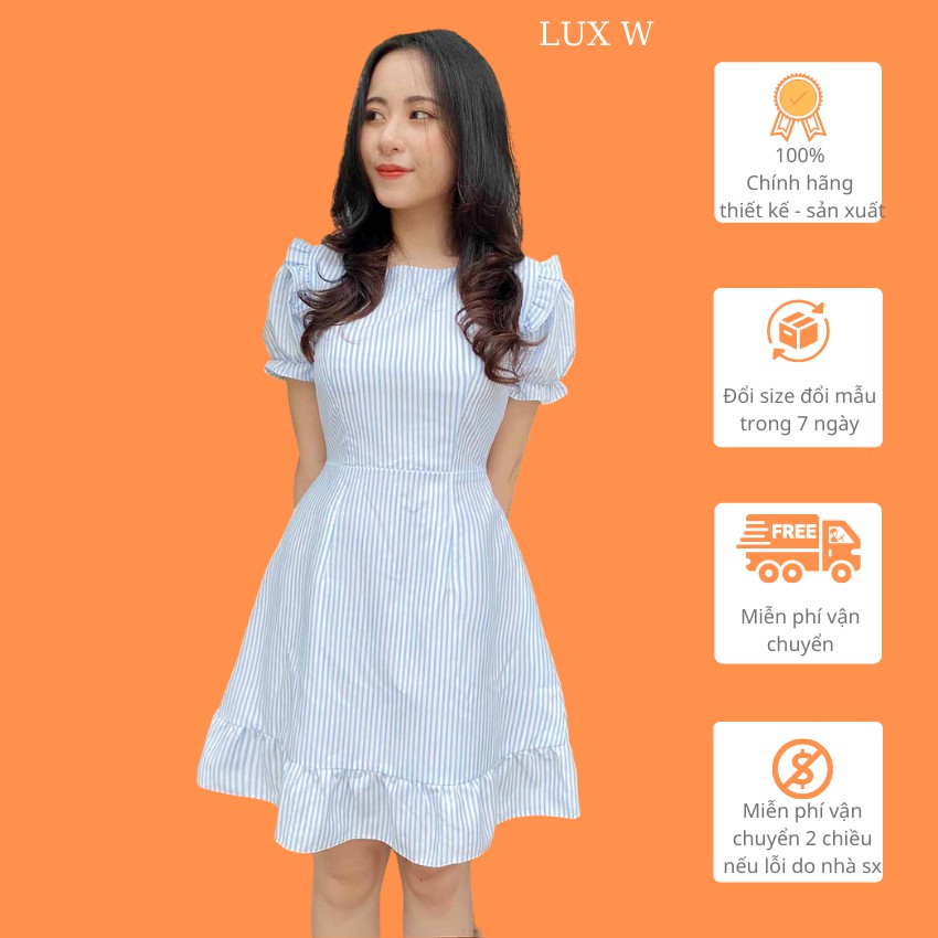 Đầm công sở nữ thiết kế dáng xòe bánh bèo xanh kẻ sọc tay ngắn trẻ trung thời trang phù hợp đi làm đi chơi – Lux W