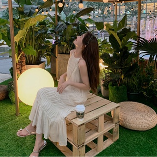Váy hai dây voan nhăn nhún dập viền đuôi cá suông dài sang chảnh tiểu thư kiểu Pháp