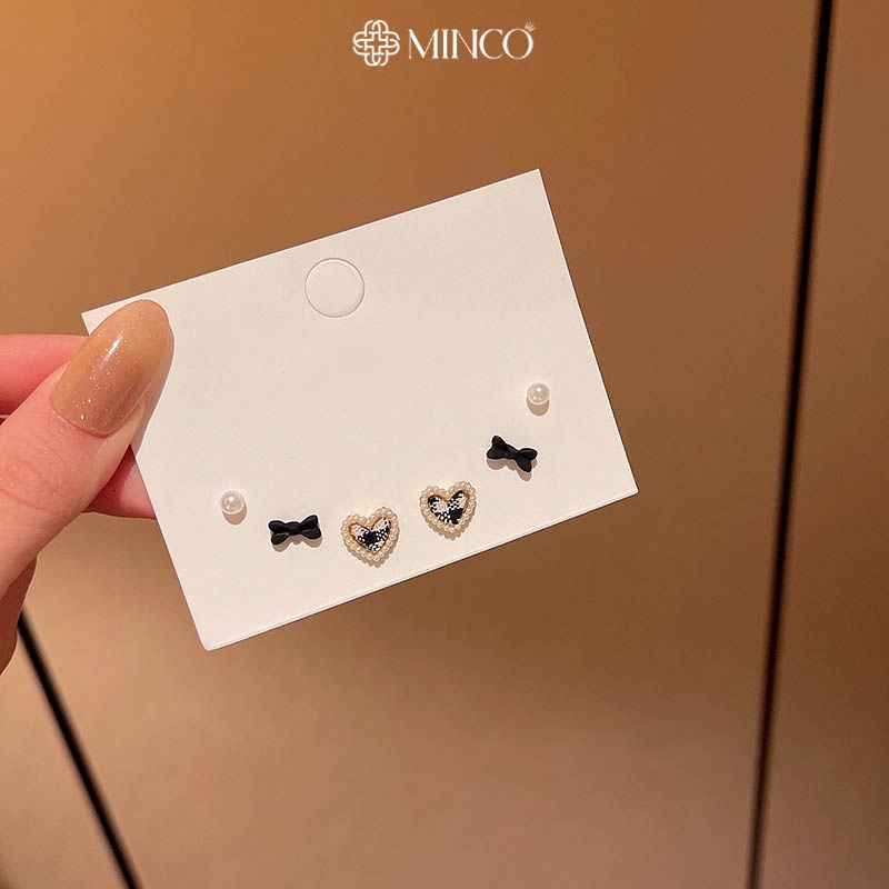 Bông tai nữ Minco Accessories sét ba khuyên tai nụ nơ trái tim xinh xắn phụ kiện thời trang đẹp cho nữ BT66