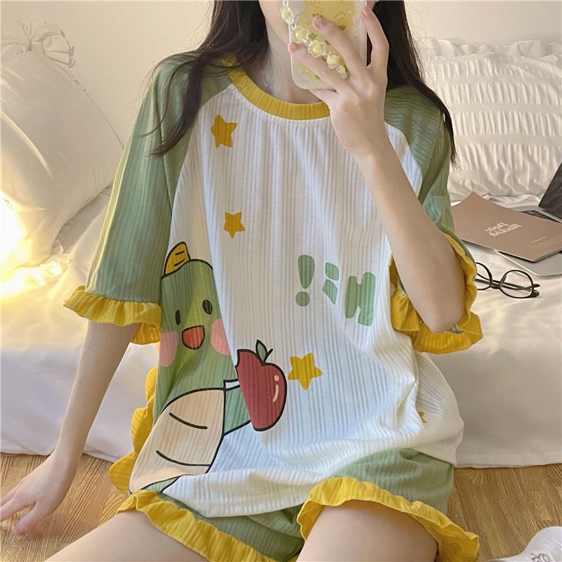 ( SẴN) Bộ Đồ Cotton Mặc Nhà Hình Khủng Long Xanh Siêu Cute Chất Cotton gân siêu mát Giá Ưu Đãi Hàng Taobao CC