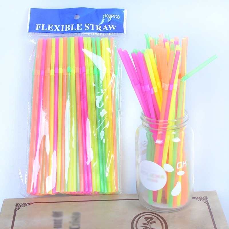 100 Pcs/Pack Fluorescent Plastic Bendable Straws/ 21CM Disposable Flexible Drinking Straws/ DIY Drink Straw Party Bar Accessories