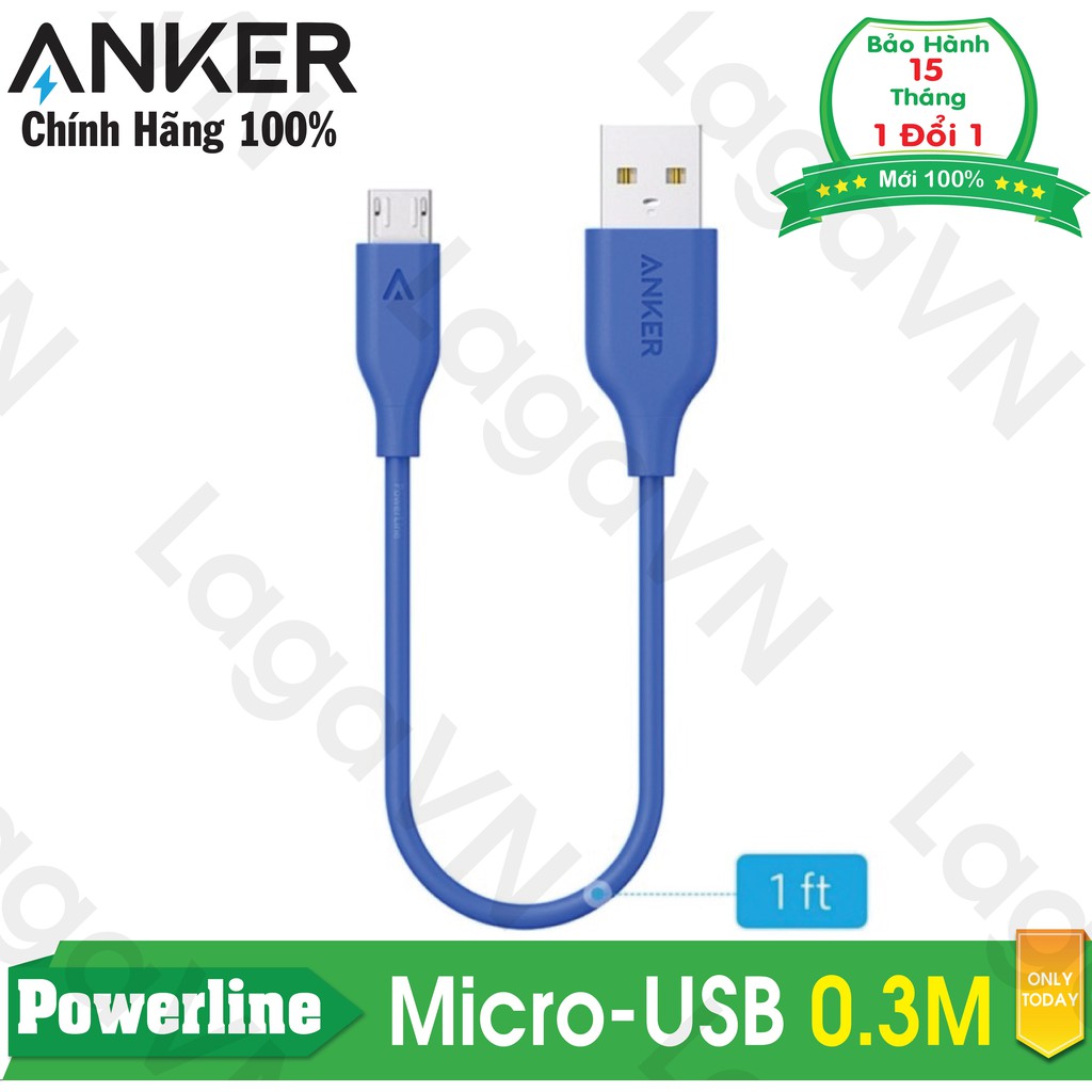 [Freeship toàn quốc từ 50k] Cáp sạc siêu bền ANKER Powerline Micro-USB 0.3m cho Android (Xanh dương)