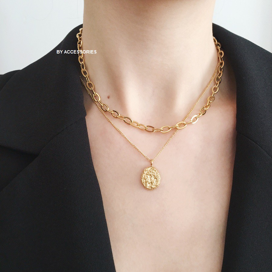 Set choker titan xích bầu nhỏ và dây mặt bầu dục phối 2 tầng không gỉ