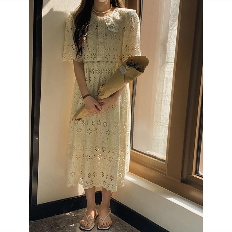 Đầm ren midi cổ lá sen dáng dài taobao order