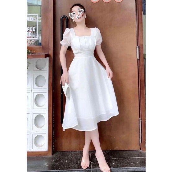 Đầm dự tiệc cổ vuông trắng tay phồng xếp li ngực Kenny Dress