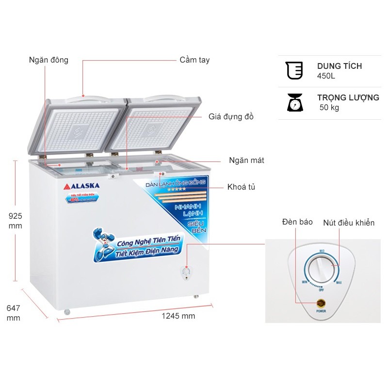 Tủ đông mát Alaska BCD-4568C 1 ngăn đông 1 ngăn mát - Chính hãng - Bảo hành 24 tháng - Mới 100%