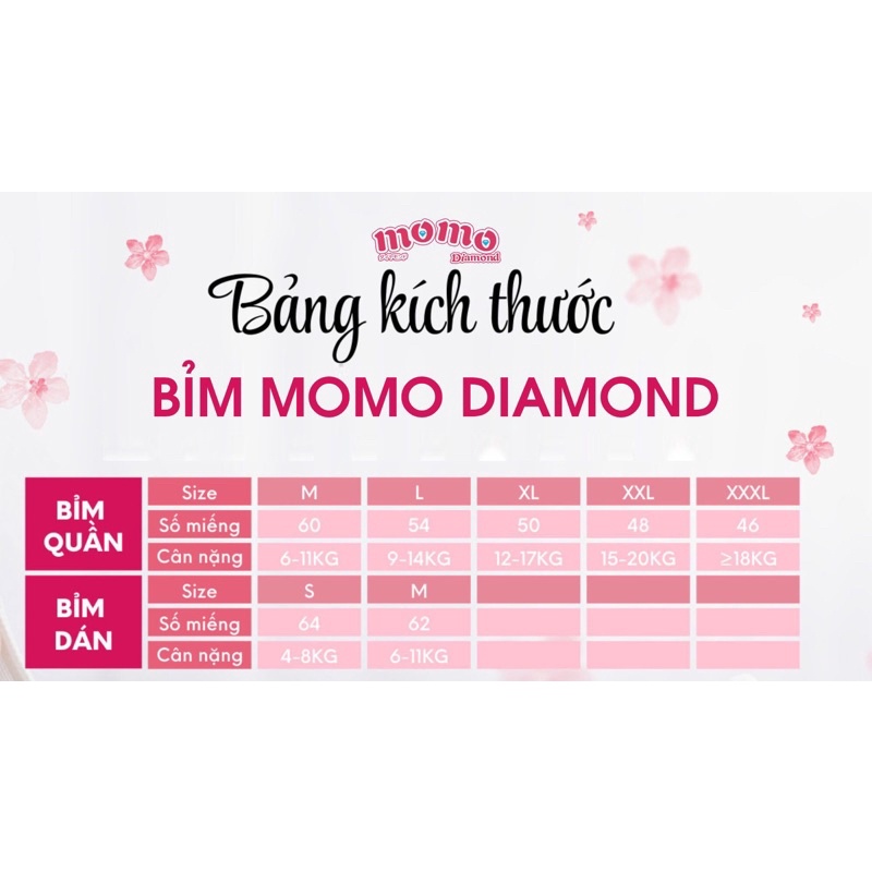 Bỉm Tã dán/ quần MOMO DIAMOND ORGANIC S64,M62,M60,L54,XL50,XXL48,XXXL46