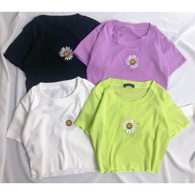 Áo thun croptop thêu hoa cúc mặt cười sẵn 4 màu