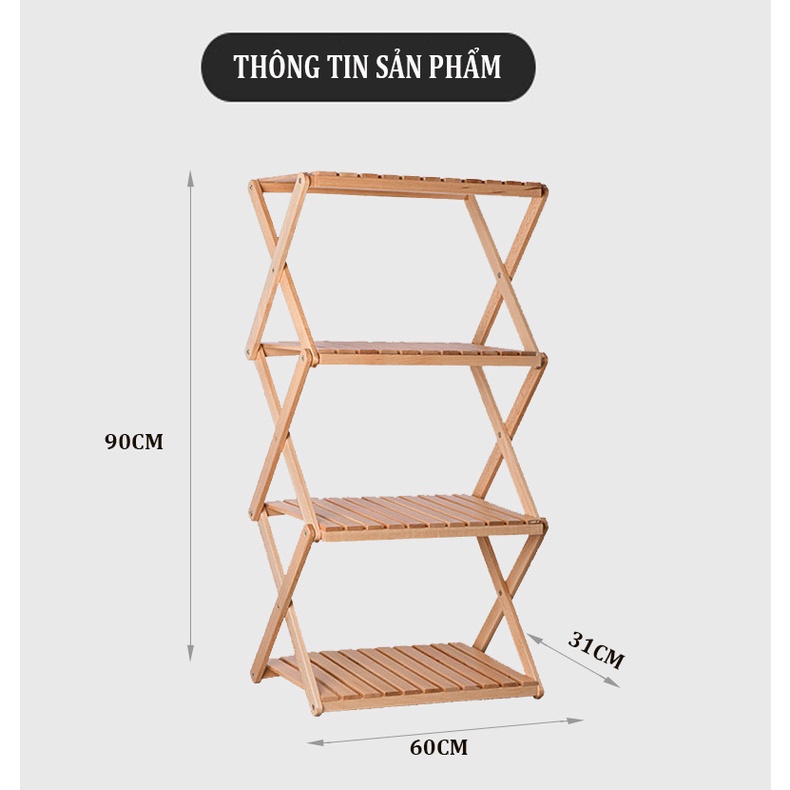 Kệ tab gỗ để đồ du lịch dã ngoại- Kệ gỗ 4 tầng chữ X đa năng gấp gọn để nhà bếp, ngoài trời chịu lực tốt 100kg