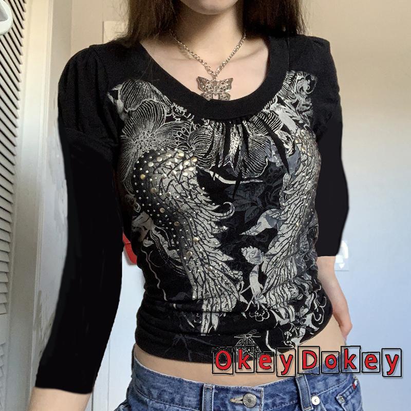 Áo croptop tay dài cổ tròn in hình cánh thiên thần phong cách vintage cho nữ