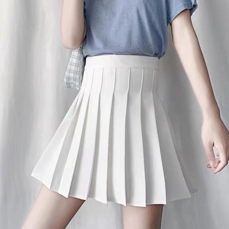 Chân Váy Chữ A Lưng Cao Xếp Ly Màu Trơn Phong Cách Preppy Cho Nữ