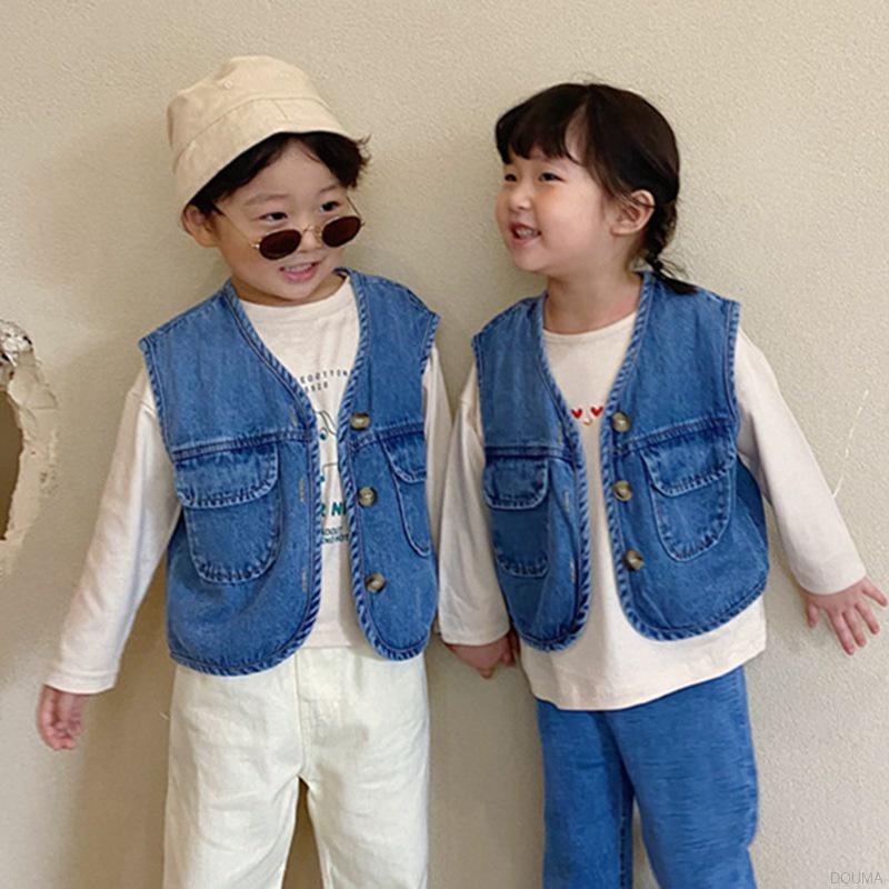 Áo Khoác Không Tay Chất Liệu Denim Mỏng Phong Cách Hàn Quốc Cho Bé