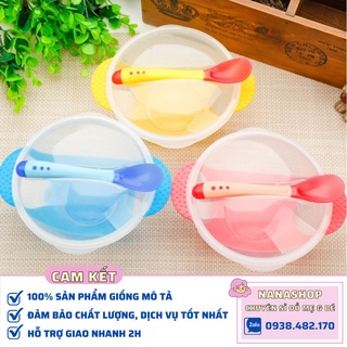 [Sỉ/Lẻ] Bát ăn dặm kèm thìa cảm ứng nhiệt có đế Silicon