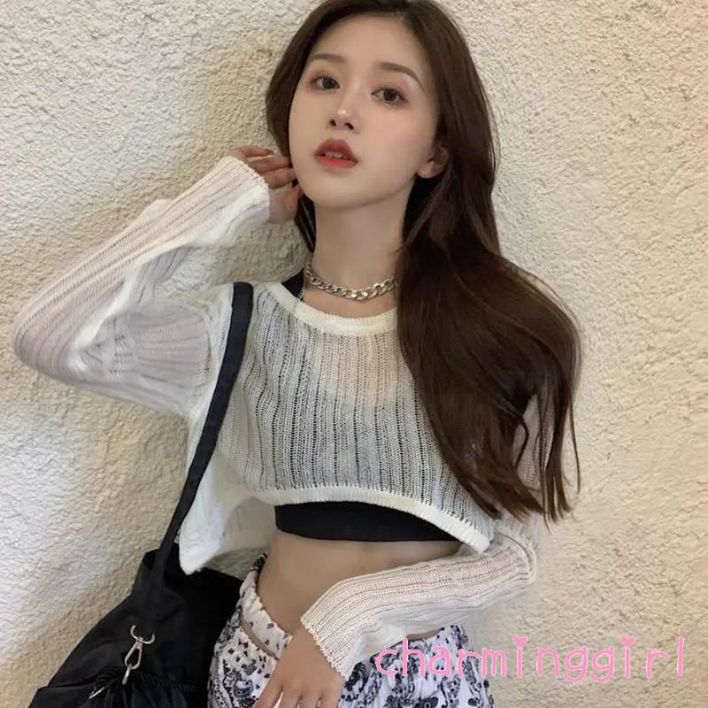 QAQ-Women´s Bikini Cover Up Solid Color Long Sleeve Round Neck Cutout Sheer Knitted Cropped Tops