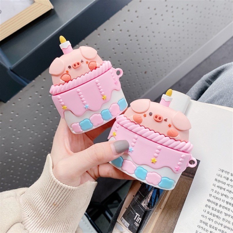 Case Airpod 1/2/pro Hình Bánh Kem Heo Hồng Cute