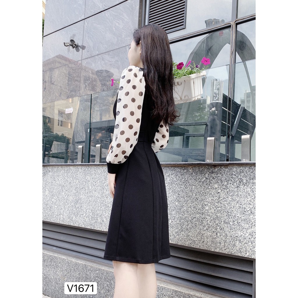 Váy xòe cổ vest tay phối chấm bi V1671 - ĐẸP SHOP DVC ( Ảnh mẫu và ảnh trải sàn do shop tự chụp )  ྇