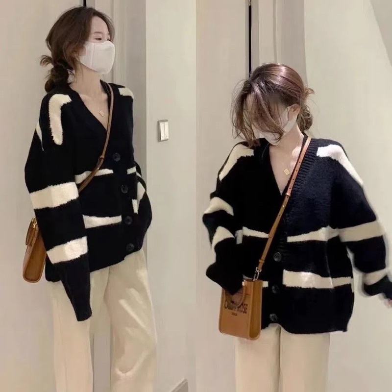 Áo Cardigan Nữ Màu Đen Xanh Kẻ Ngang Vằn To Dài Tay Cài Cúc, Áo Khoác Ngoài Thu Đông Dài Tay Loại 1 Hàn Quốc Đủ Size