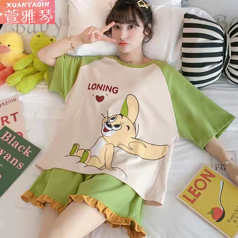 ♥Đồ Ngủ Hoạt Hình♥Bộ Đồ Ngủ 100% Cotton Tay Ngắn In Họa Tiết Hoạt Hình Phong Cách Phương Tây Thời Trang Cho Nữ