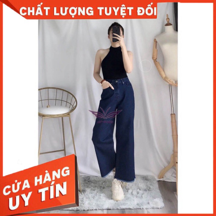 {Giá tận gốc} Quần jean nữ culottes ống rộng cạp cao tua lai chất vải dày/đậm, nhạt - HANA Shop