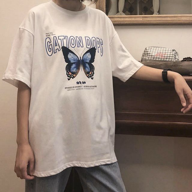 Áo thun tay lỡ % Hình thật phía sau Unisex bướm GATION DOPS
