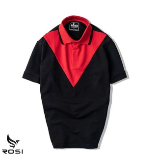 Áo thun nam cao cấp Rosi PL11 cổ polo tay bo ngắn,vải cotton cá sấu phối màu đen đỏ,dáng ôm (Slimfit) xẻ tà trẻ trung.