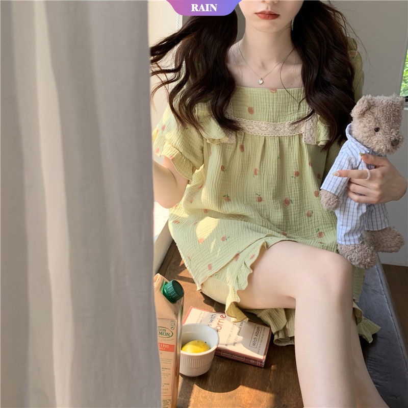 Bộ Đồ Ngủ Tay Ngắn Cổ Vuông Họa Tiết Dâu Tây Màu Xanh Lá Ngọt Ngào Xinh Xắn Cho Nữ