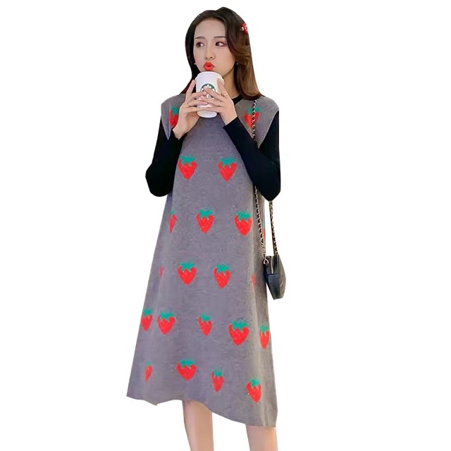 Set len áo+ váy quả dâu siêu xinh cho bà bầu(hàng quảng châu)sẵn set đen