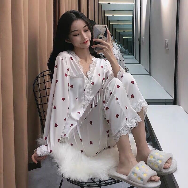 Bộ Ngủ Lụa, Bộ Mặc Nhà Pyjama Lụa Ren Tiểu Thư Dài Tay
