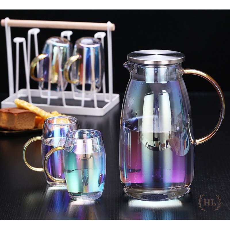 BỘ BÌNH 6 CỐC THUỶ TINH ÁNH TRAI CHỊU NHIỆT BOROSILICATE | BỘ CỐC BÌNH THUỶ TINH 7 MÀU PHA LÊ ĐẠI DƯƠNG