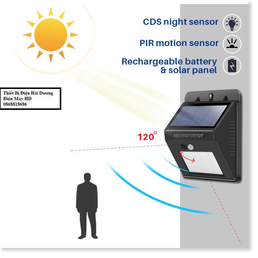 Đèn led cảm biến hồng ngoại năng lượng mặt trời (20 mắt led) Cảm Biến 3 Chế Độ. Không cần thiết phải kéo dây, dễ dàng cà