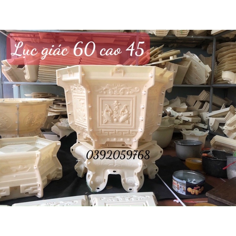 Khuôn đúc chậu cảnh lục giác 60 cao 45 hoạ tiết Tài Lộc - Cá Chép nhựa abs