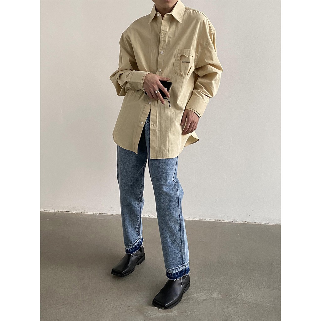 (ORDER) Quần bò jeans rách ống suông màu denim