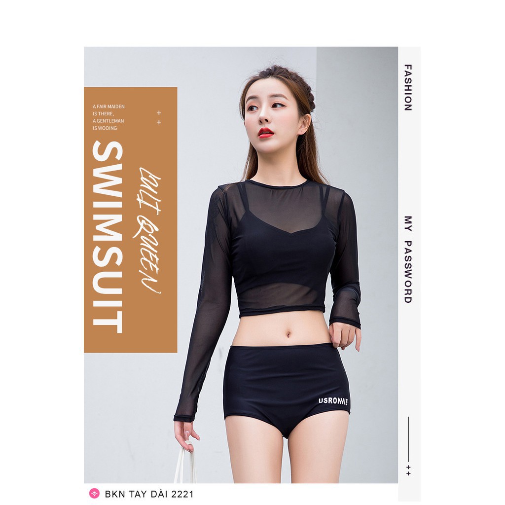 Bikini 3 mảnh dài tay 💝[FREESHIP - SẴN HÀNG]💝 Bộ bơi nữ áo lưới tay dài quần cạp cap sang chảnh