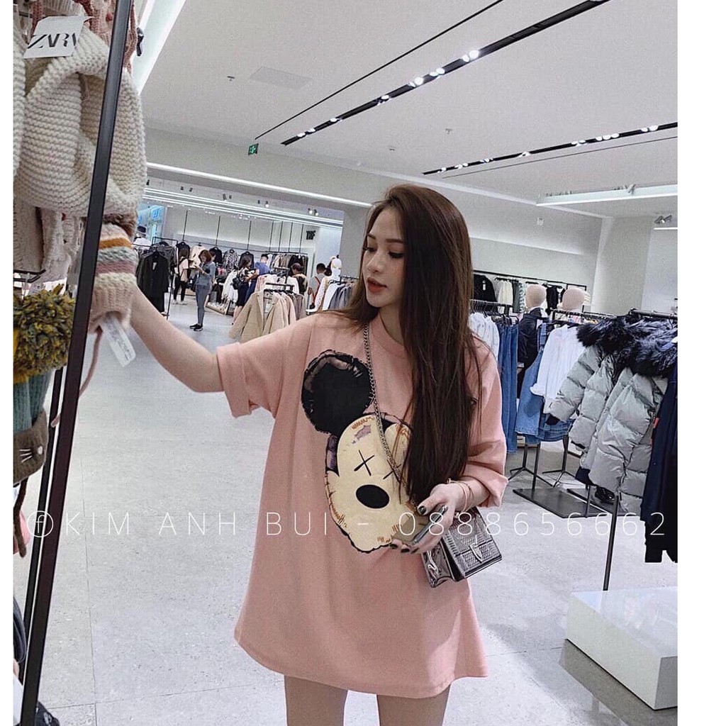 Áo thun form rộng xinh xinh màu hồng cute in hình chuột mickey trước sau xinh