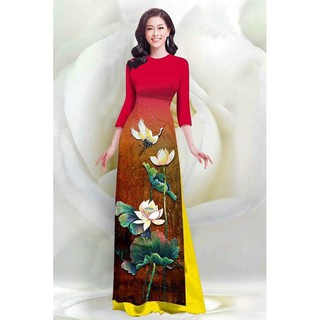 SÉT ÁO DÀI LỤA TRUYỀN THỐNG IN HOA SEN & CHIM CÒ