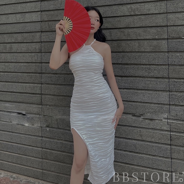 BBSTORE'S Đầm Body Cổ Yếm Xẻ Tà Váy Dài Thun Gợn Sóng Đi Tiệc Siêu Xinh   -D952