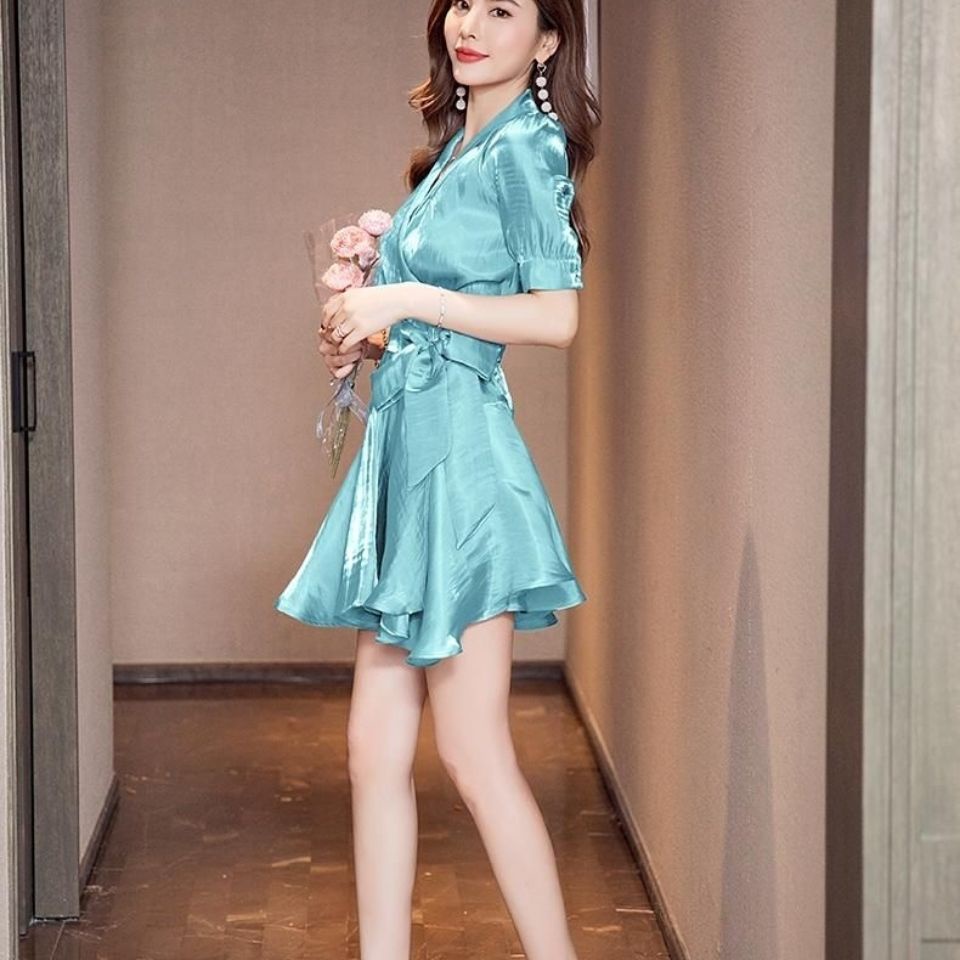 2022 spring and summer new trendy women long sleeve waist socialite ins super fairy dress French temperament slim skirt