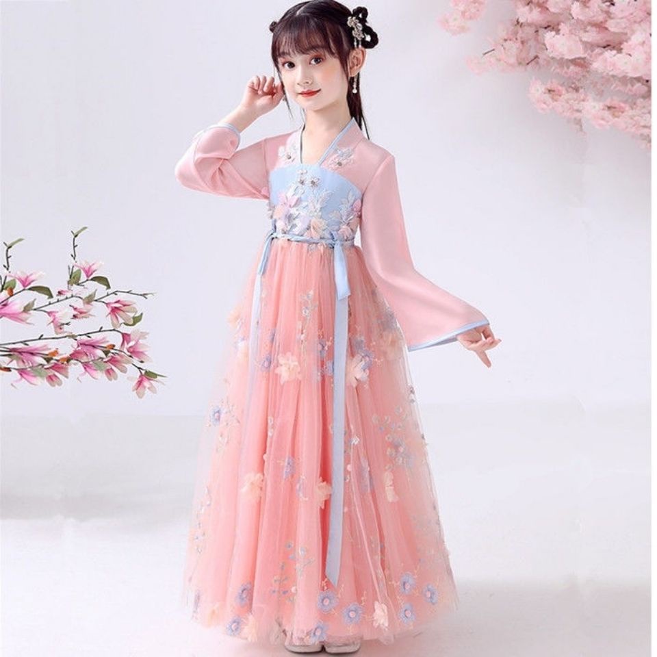 Đầm hán phục tay ngắn/ tay dài màu hồng mẫu 2021 thời trang mùa hè mới xinh xắn dành cho bé gái
