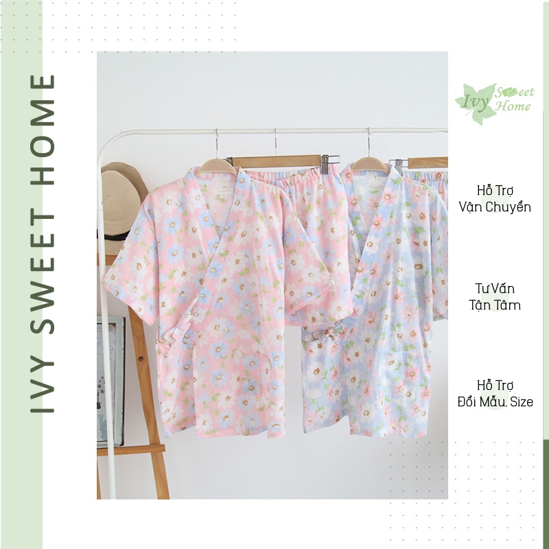 Bộ đồ ngủ pajamas hai lớp vải gạc tay ngắn cotton xô xuân hè dành cho nữ