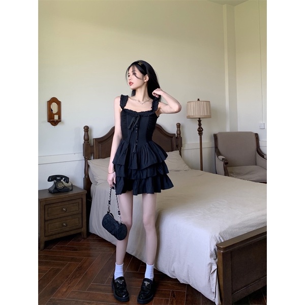 Váy hai dây đen xoè corset new trend 2023 cá tính váy ngắn gothic lolita âu mĩ cosplay