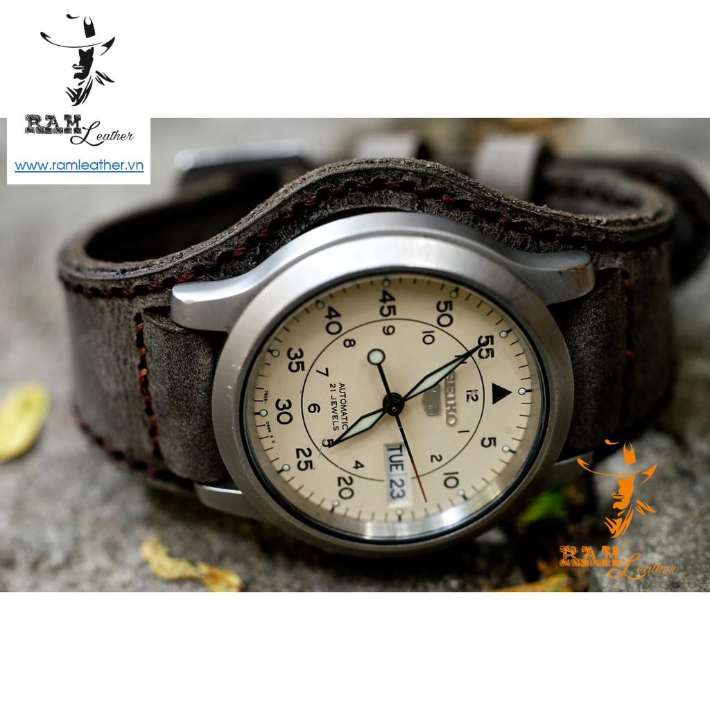 Dây Đồng Hồ Da Bò Ram Bundstrap Bx1939 Da Bò Xám Than Lục Quân Đức - RAM