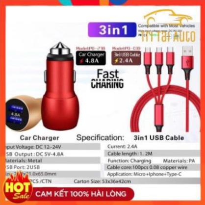 Tẩu sạc nhanh ô tô 3 đầu pugan dùng điện 12V