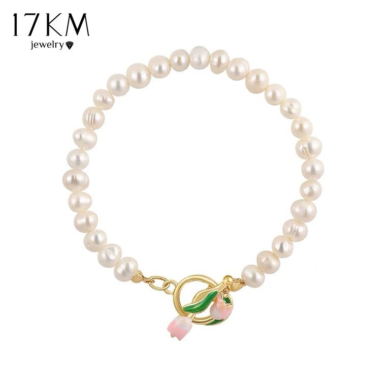 Vòng tay 17KM chuỗi hạt ngọc trai và hoa tulip màu hồng ngọt ngào thanh lịch cho nữ