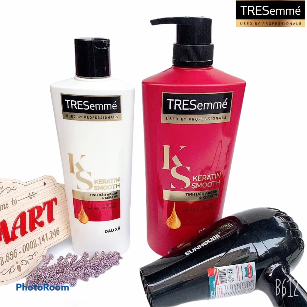 Combo Dầu gội đầu 640g và Dầu xả 340g TRESemmé Keratin Smooth vào nếp suôn mượt (Tặng máy sấy tóc)