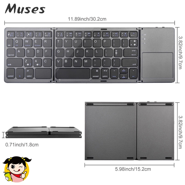 Muse07 Bàn phím 3-Fold- Keyboard Ultra Thin Light ABS Mini Wireless Bluetooth Mini Folding Keyboard Touchpad Windows Android multi-function keys