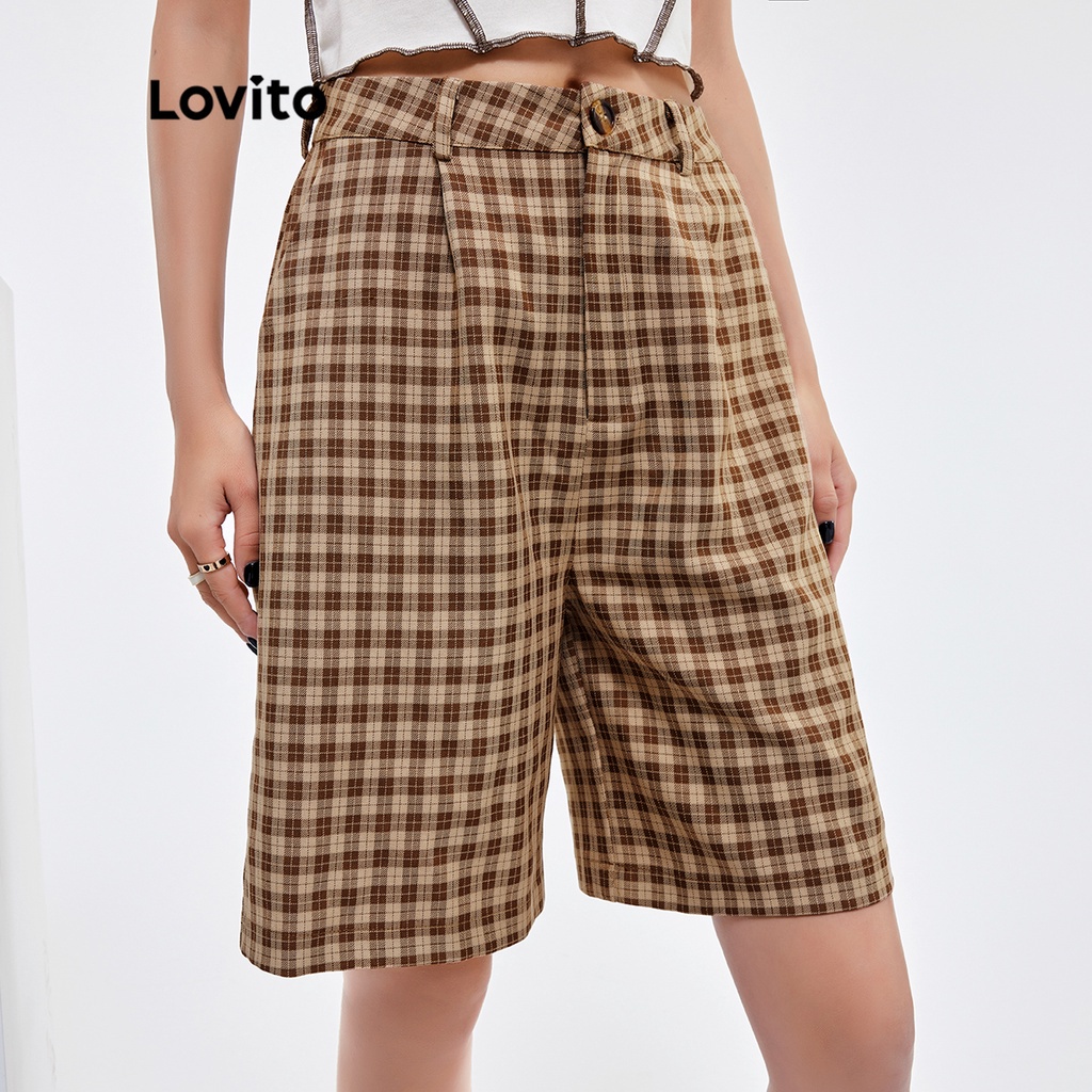 Quần short Lovito Bermuda kẻ caro phong cách thường ngày L25AD052 (màu kaki)