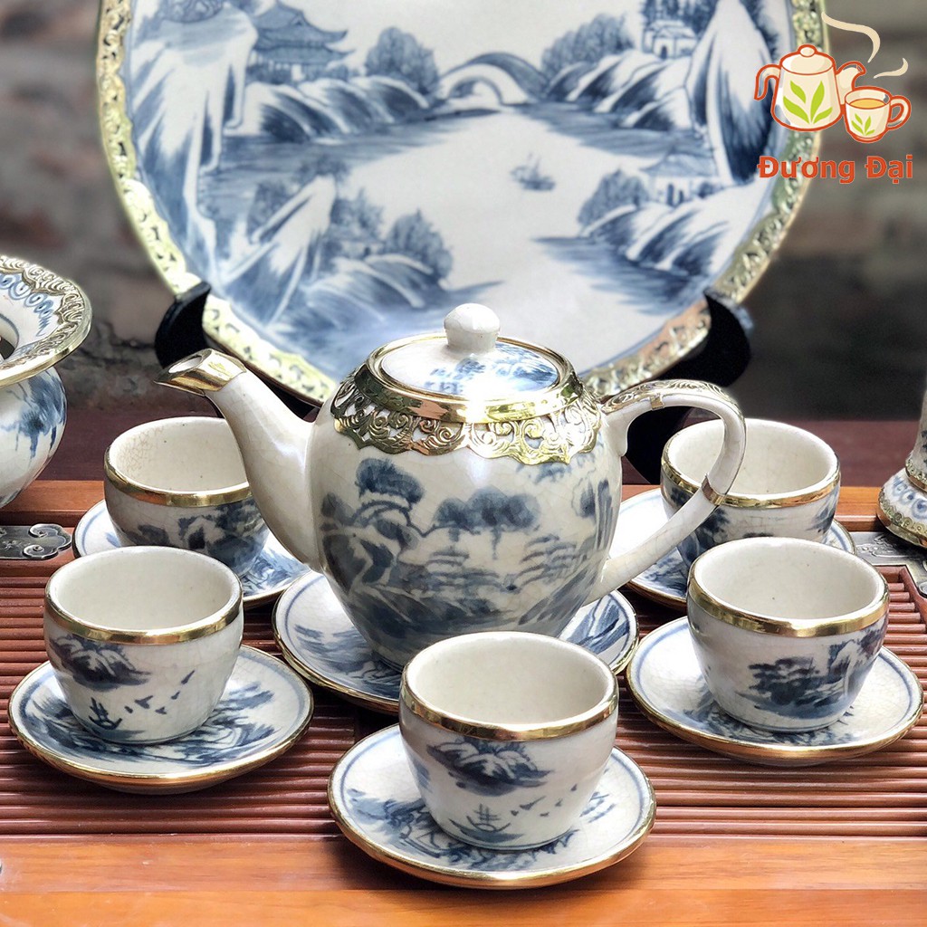 Bộ Ấm Chén Men Rạn Dáng Minh Long Bọc Đồng 600ml Gốm Sứ Bát Tràng Đương Đại( Bộ bình trà, uống trà)